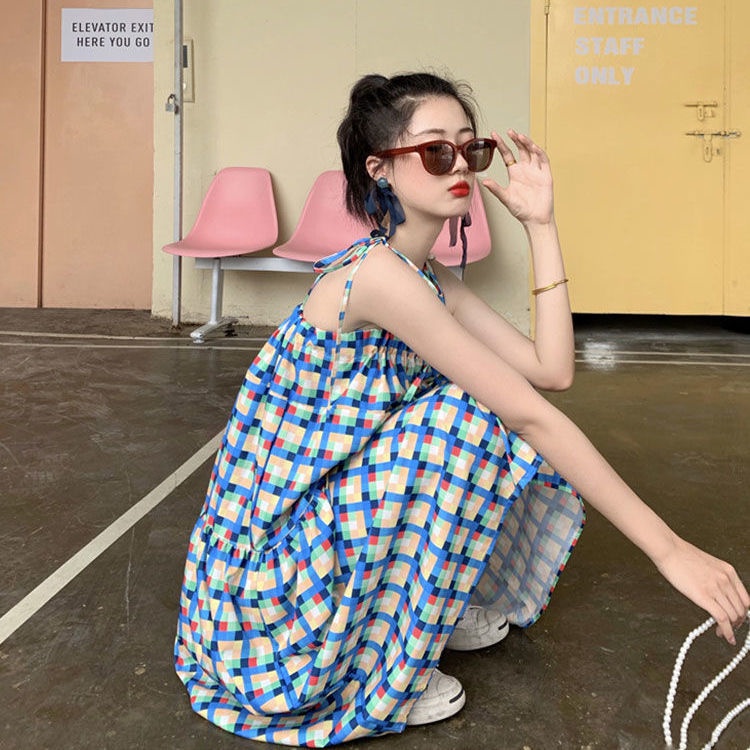 Đầm Hai Dây Dáng Rộng Họa Tiết Sọc Caro Ngọt Ngào Cho Nữ