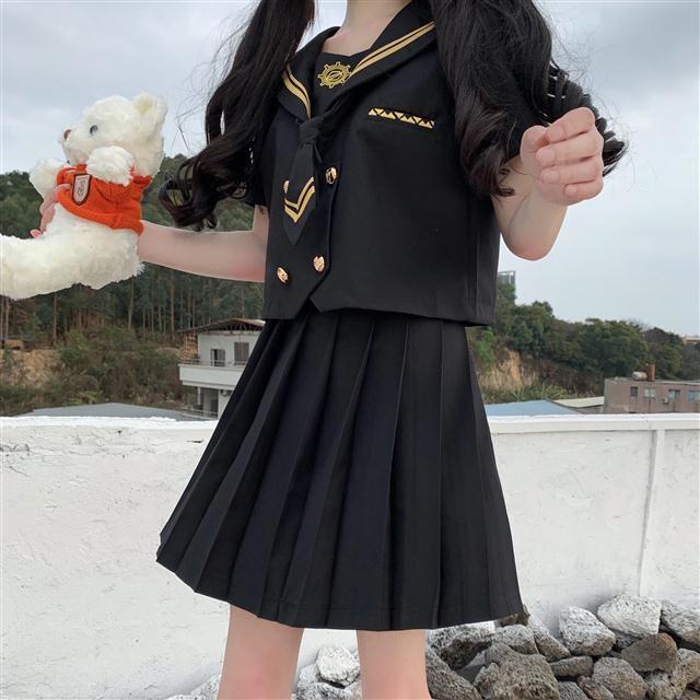 Bộ Đồng Phục Học Sinh Gồm Áo Cổ Thủy Thủ + Chân Váy Xếp Ly Kẻ Sọc Caro Phong Cách Goth JK