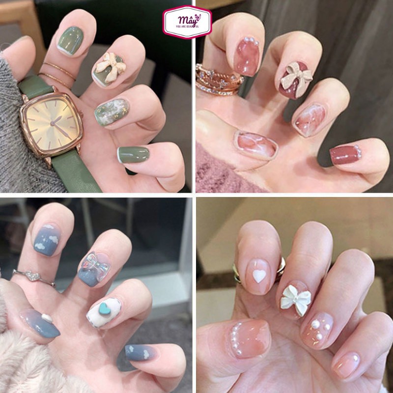 Set 24 móng tay giả khuôn vuông ngắn 3D đính charm đẹp xinh AT