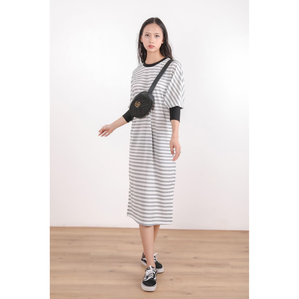 Đầm suông nữ dáng dài, họa tiết kẻ, bo tay, thiết kế cao cấp TK FASHION DKB38