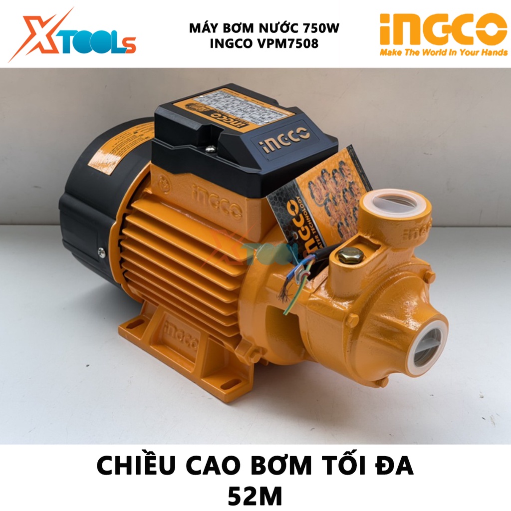 Máy bơm nước INGCO VPM7508 | máy bơm đẩy cao 750W (1HP), chiều cao bơm 52m, độ hút sâu 8m, mô tơ dây đồng tăng áp lực đư