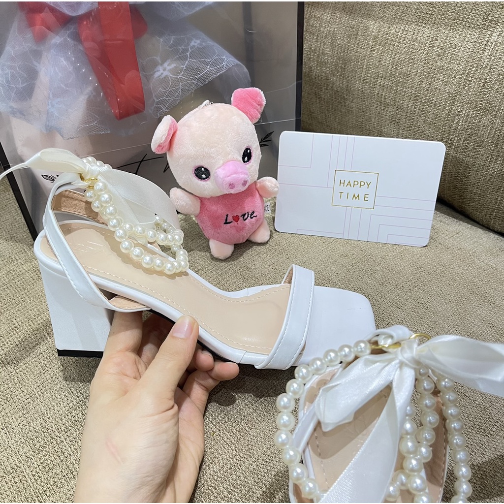 Sandal da mịn quai ngang buộc nơ hạt ngọc cực xinh - 7P