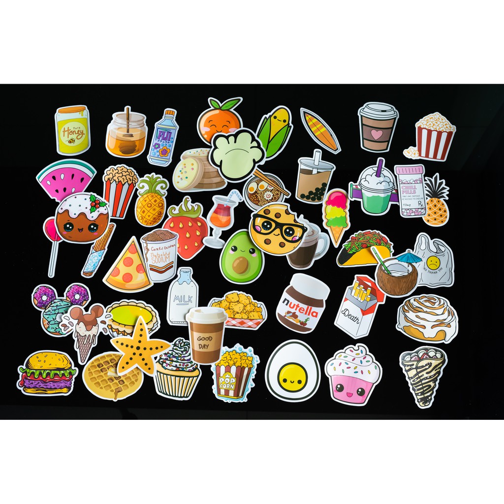 Sticker Food-thức ăn cute, hình dán chống nước lâu phai trang trí mũ bảo hiểm, đàn, guitar, ukelele, macbook, laptop