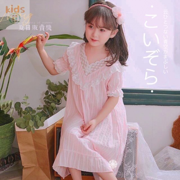 Đầm Ngủ Cotton Tay Ngắn Phối Ren Kiểu Công Chúa Dành Cho Bé Gái