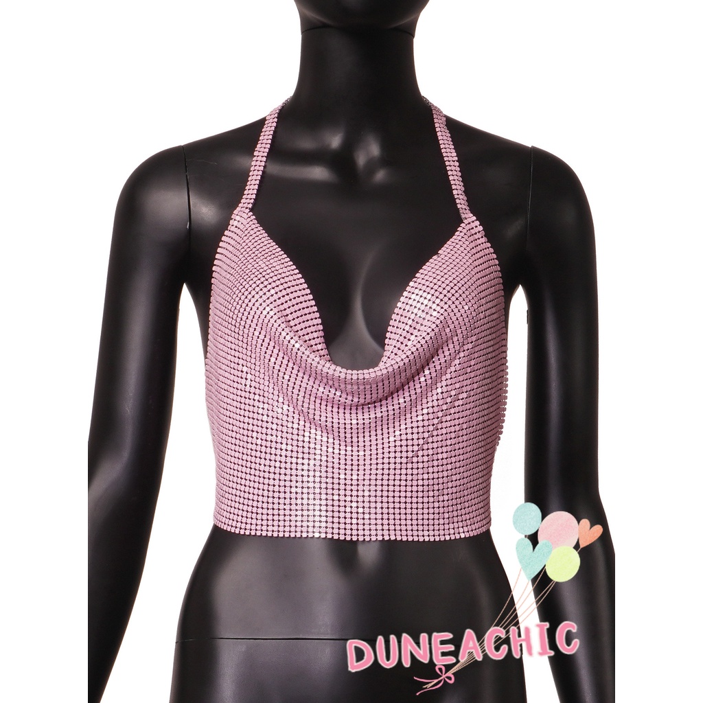 DUNEA Áo Croptop Hai Dây Kim Loại Lấp Lánh Gợi Cảm Cho Nữ