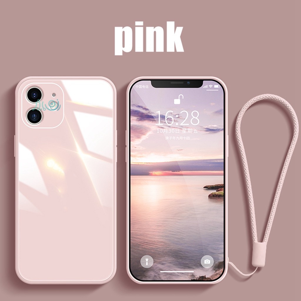 Ốp điện thoại silicon mặt kính cường lực màu macaron có dây cho iPhone 11 12 Pro MAX XS MAX XR X 6 6S 7+ 8 Plus SE 2020