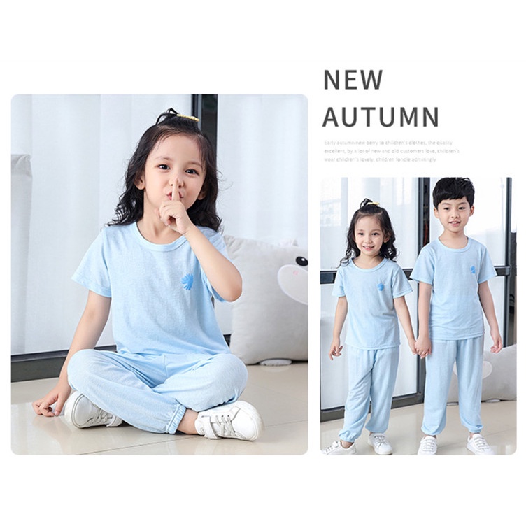 [LF.VN] Set Áo Thun + Quần Dài Trơn Màu Bằng Lụa Lạnh Kích Thước 100-150cm Thời Trang Xuân Hè Dành Cho Bé