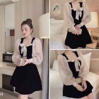V936 Váy Tiểu Thư Pha Cổ Nơ Tay Voan Bồng xịn Xò , Váy Nhung Dự Tiệc Sang Trọng