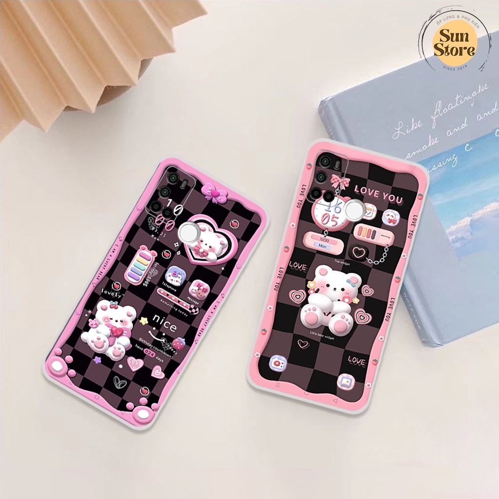 Ốp lưng Vsmart Joy 4 hoạ tiết 3D nền kẻ caro, gấu đáng yêu viền dẻo