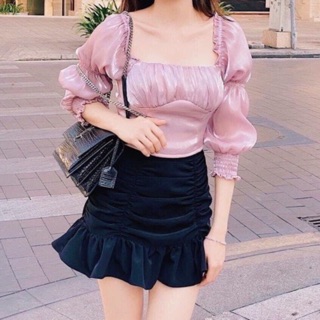 [CÓ SẴN - Mặc 2 Kiểu] Set Áo Voan Tím Nhún Ngực Tay Phồng Croptop Tay Dài Trễ Vai - Chân Váy Đen Nhún Bèo Ulzzang Xếp Li
