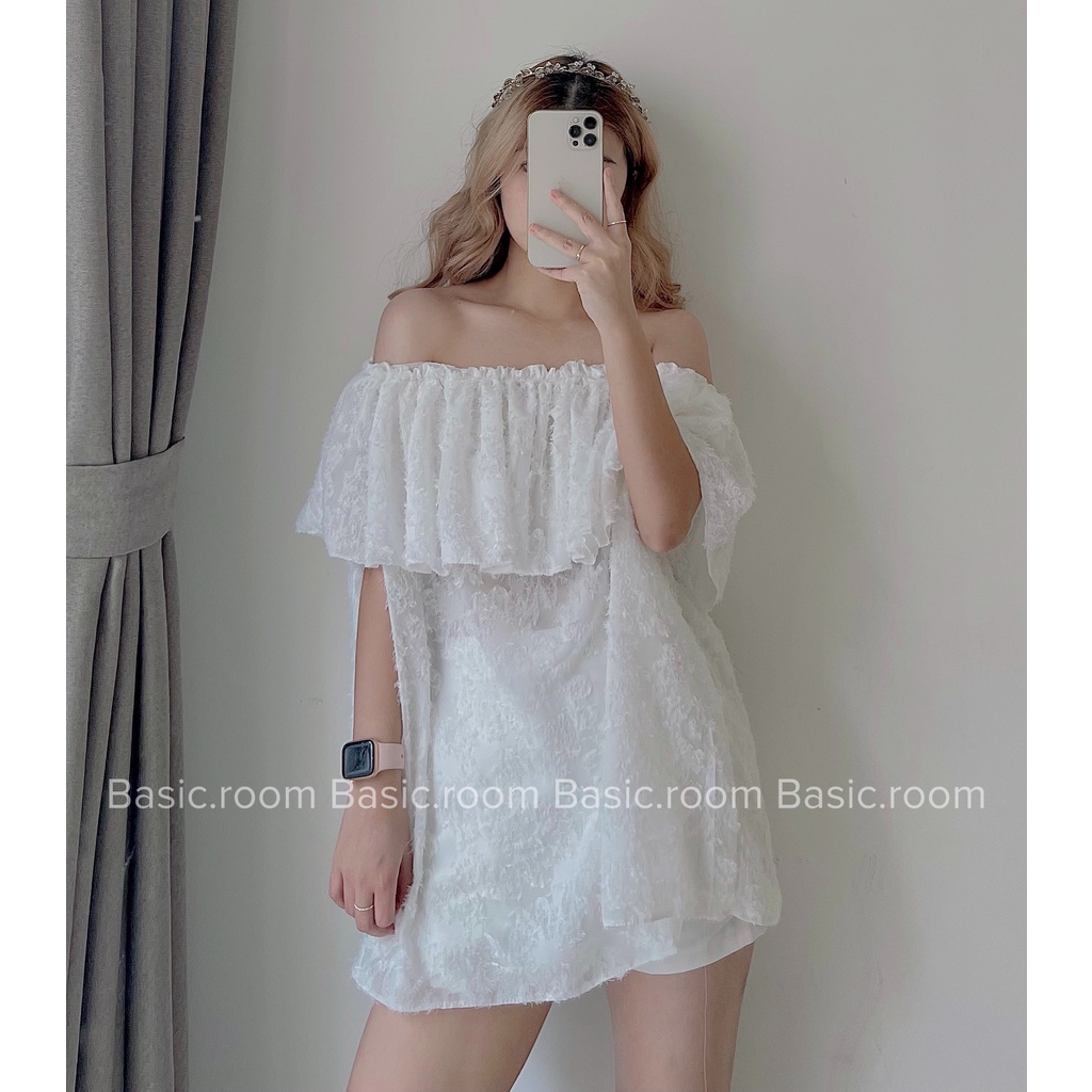 Áo trễ vai tay bồng siêu xinh hàng cao cấp tơ hoa, áo hở vai thiết kế nữ phối vạt bèo Basic.room-Hàng chất lượng cao | BigBuy360 - bigbuy360.vn