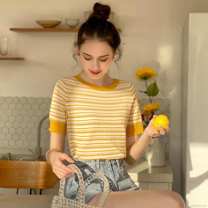 Áo Dệt Kim Tay Ngắn Hoạ Tiết Kẻ Sọc Phong Cách Hàn Quốc | BigBuy360 - bigbuy360.vn