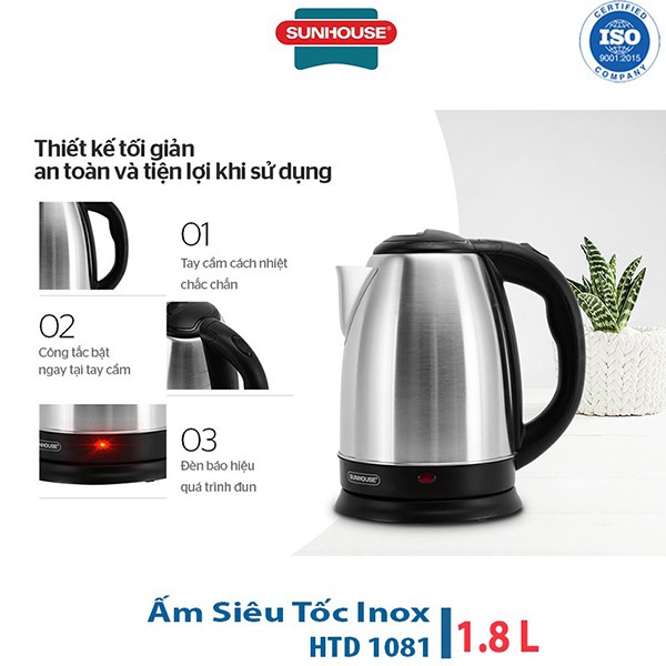 Ấm Siêu Tốc inox 1.8L Sunhouse Happy Time HTD1081