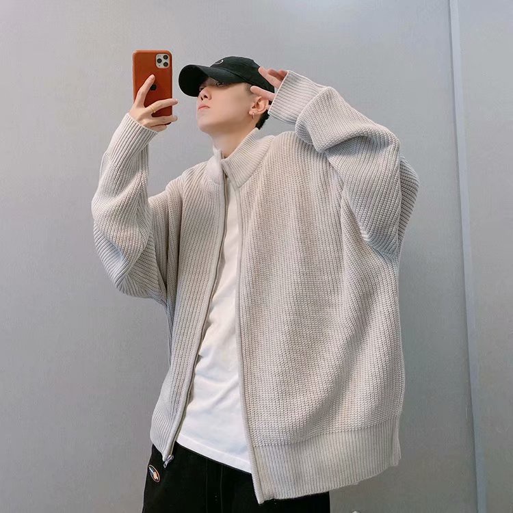 Dây Kéo Dệt Kim Áo Len Cardigan Nam Thu Đông Quốc Gia Hợp Thời Trang Đường Phố Cao Cấp Rời Thả Vai Phiên Bản Lớn Dây Kéo Kn