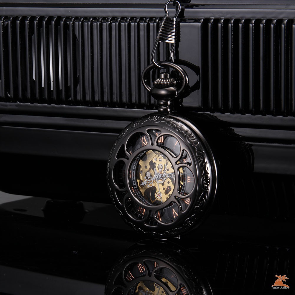 #Đồng hồ bỏ túi# Men Women Quartz Pocket Watch Black Hollow Petal Carved Case with Chain