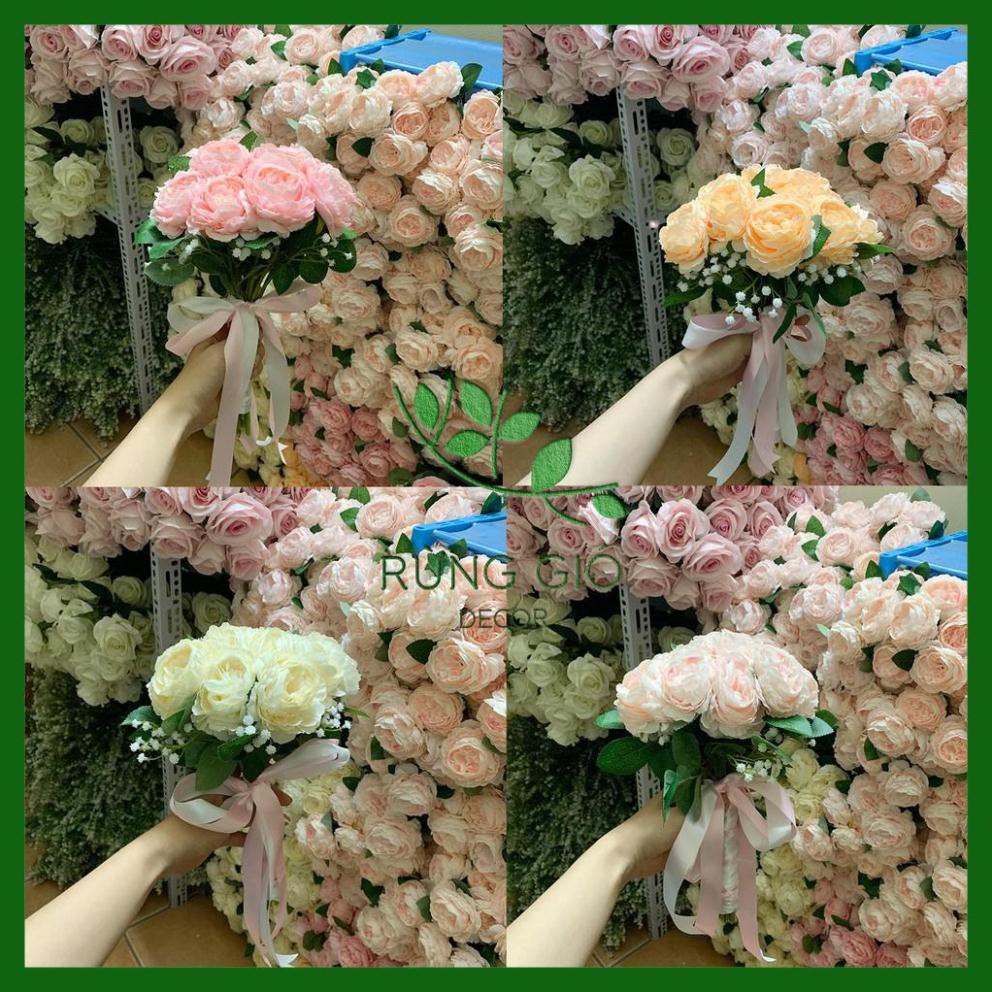 [ Hoa Giả ] Bó 15 bông hoa mẫu đơn có lá kèm hoa baby và nơ thắt y hình , hoa giả nhân tạo