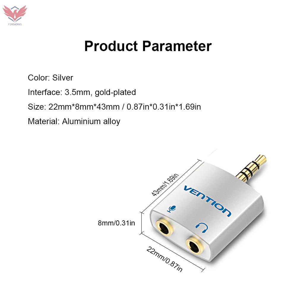 VENTION Bộ Chuyển Đổi Âm Thanh 1 Đầu Cắm Sang 2 Lỗ Cắm 3.5mm Màu Bạc Cho Tai Nghe Điện Thoại Pc | BigBuy360 - bigbuy360.vn