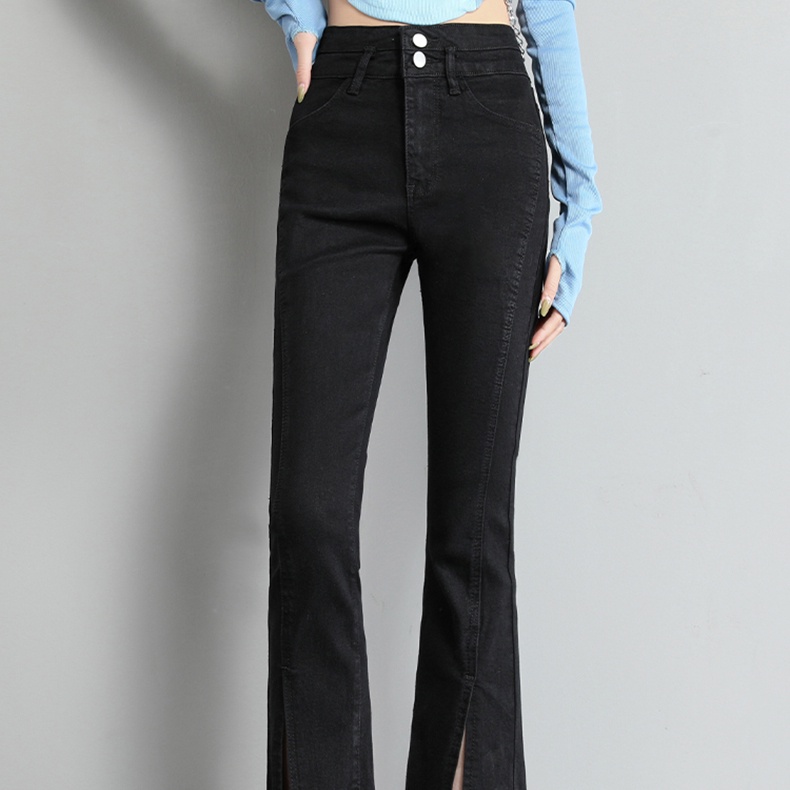 Quần jeans SUXI đen lưng cao ống loe xẻ tà thời trang xuân thu cho nữ