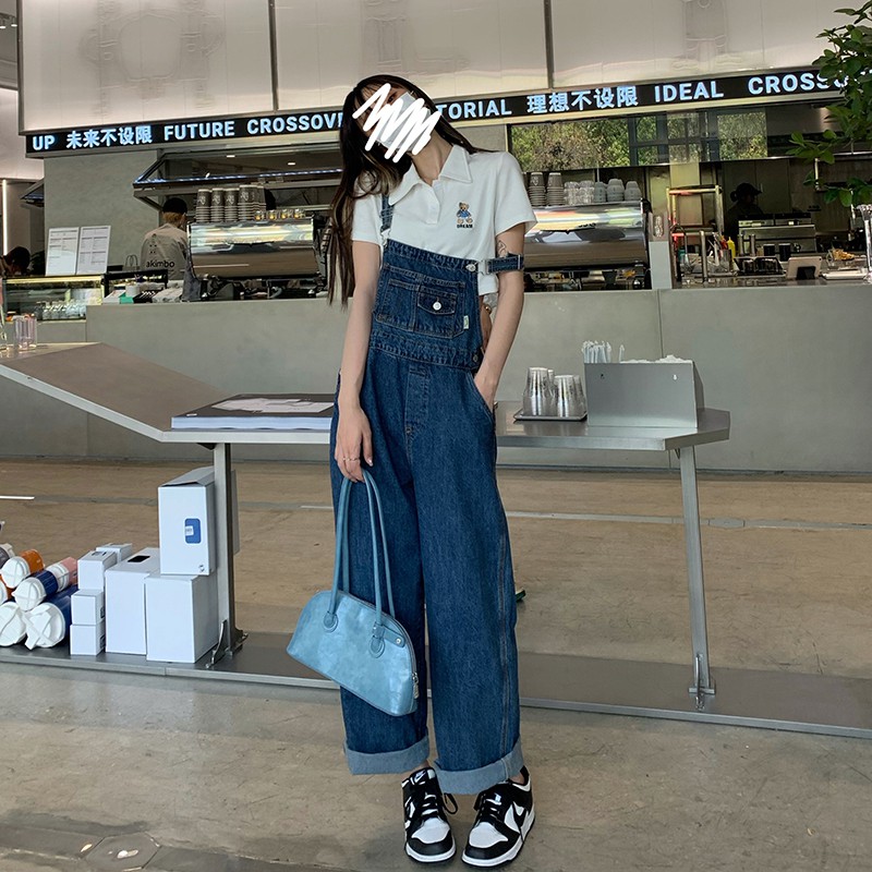 Quần yếm Denim xẻ tà phong cách Harajuku cá tính cho nữ