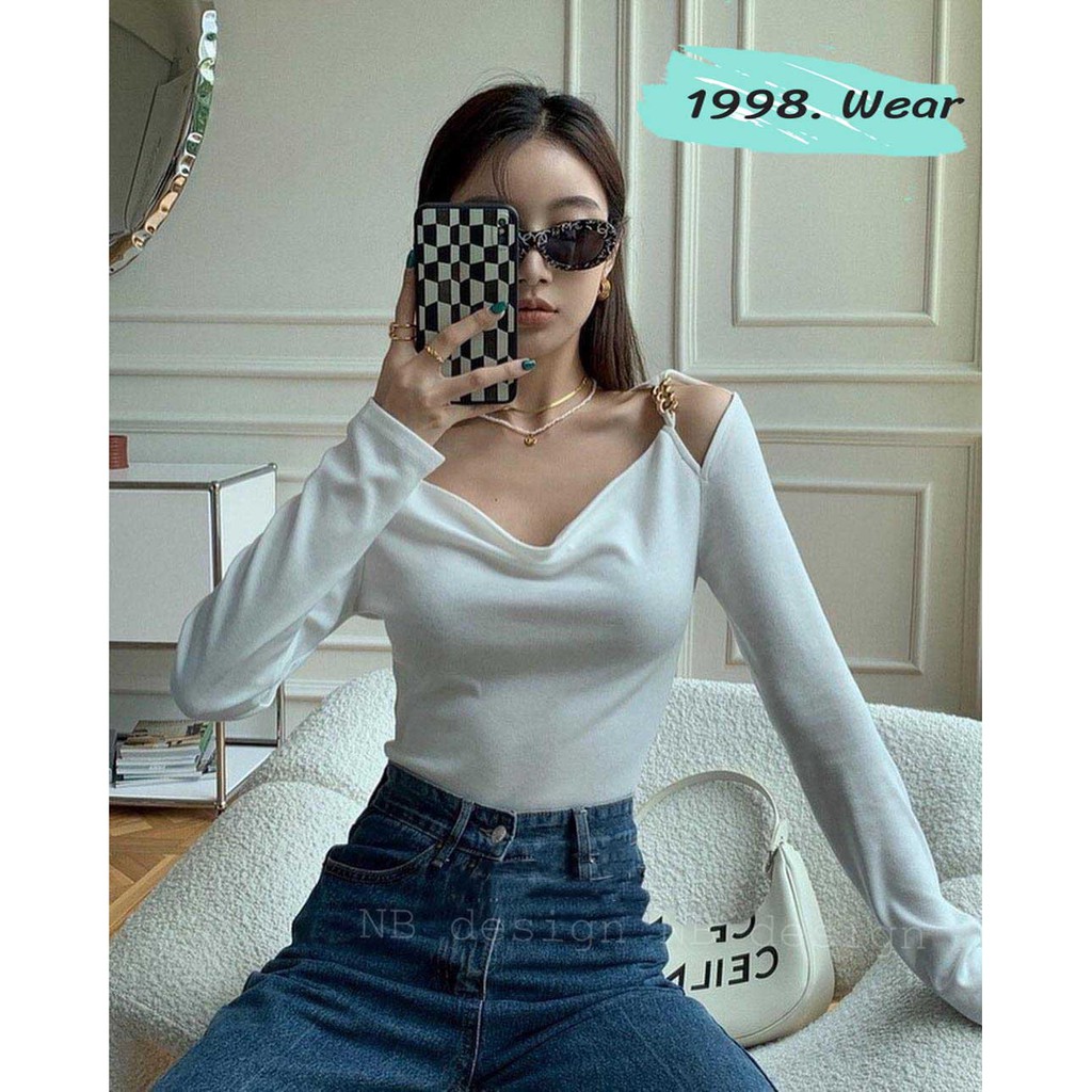 [ hot hot hot] Áo dài tay phối xích vai, áo trễ vai phối hai dây,  hai màu đen - trắng | BigBuy360 - bigbuy360.vn