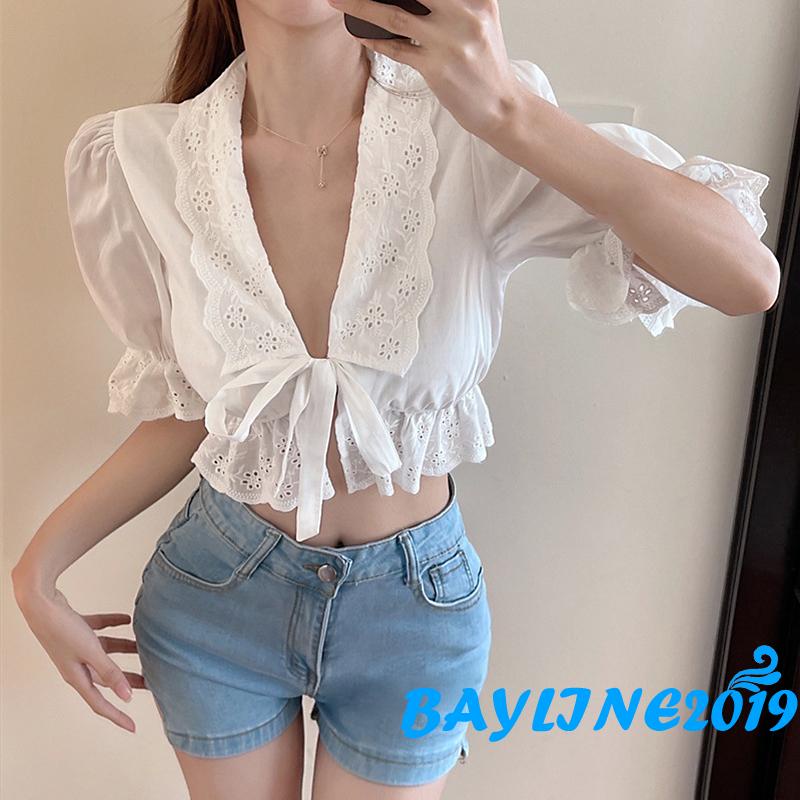 Bay-Women Summer Bandage Shirt, Ruffled Solid Color V-neck Puff Sleeve Patchwork Crop Tops