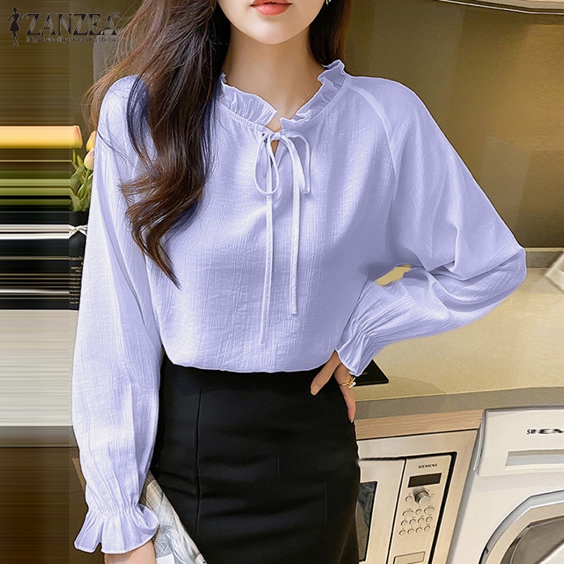 Zanzea Áo Kiểu Nữ Tay Dài Cổ Tròn Phong Cách Hàn Quốc