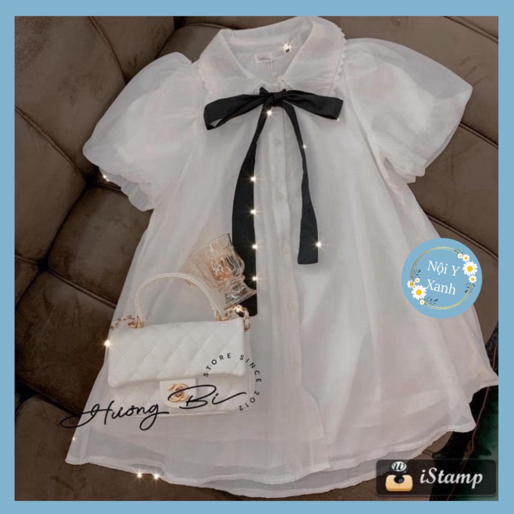 Áo babydoll voan cổ bèo viền ren thắt nơ dáng xòe - Áo váy babydoll voan giấu quần tay bồng nội y xanh chất đẹp giá tốt