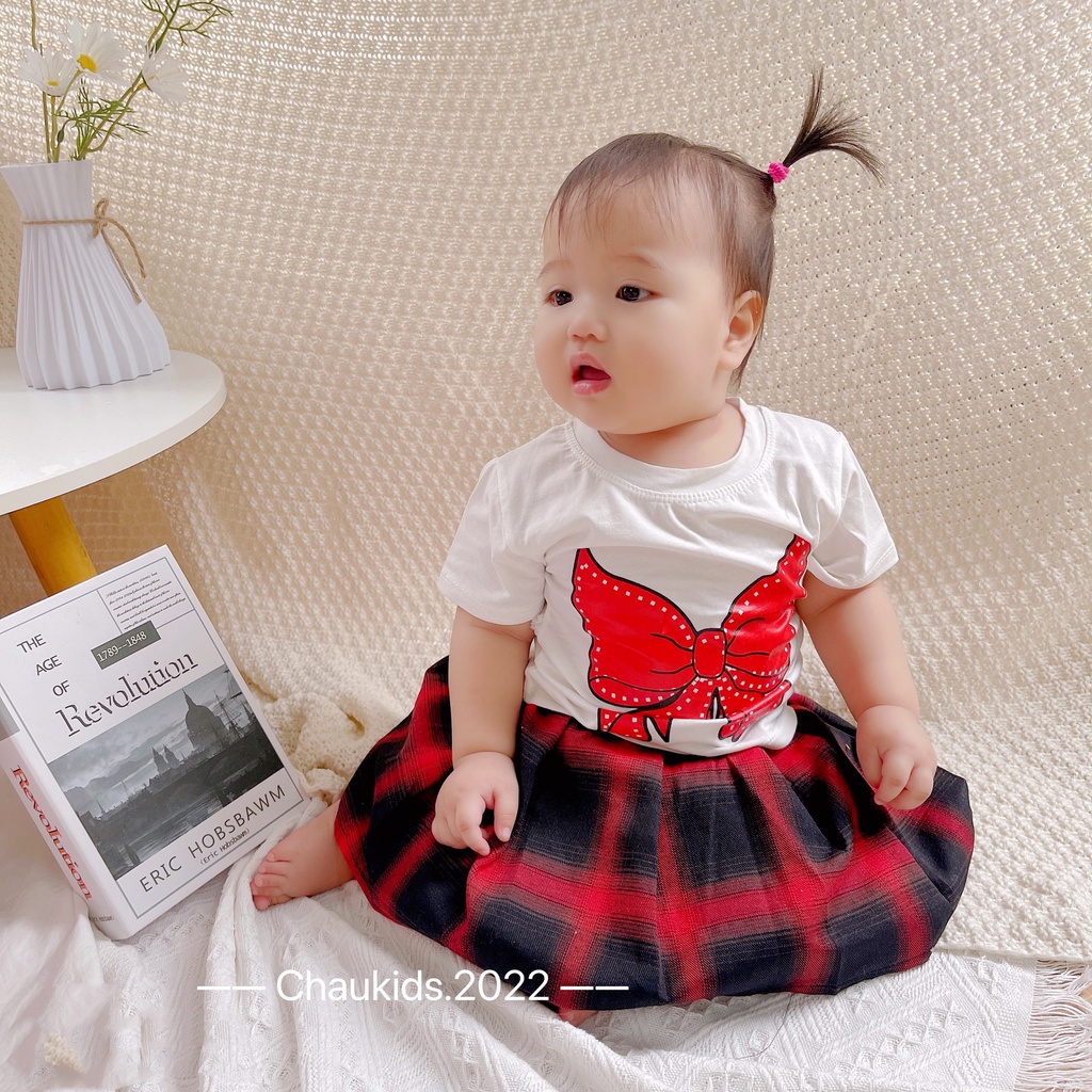Sét váy xòe xếp ly cho bé gái, set áo cotton nơ đỏ chân váy kẻ thô mềm xếp ly xinh xắn cho bé size 10-32kg