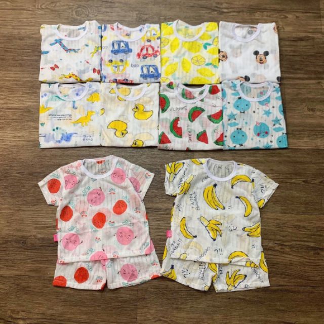 Bộ cotton giấy cộc tay cài vai nhiều hình cho bé trai/bé gái