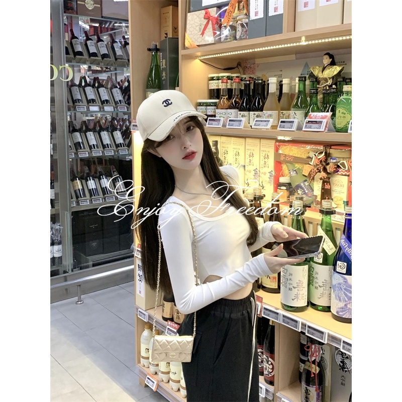 Enjoy Freedom Áo Thun Tay Dài Cổ Chữ U Thiết Kế Không Đồng Đều Thời Trang 2022 Mới Cho Nữ áo croptop