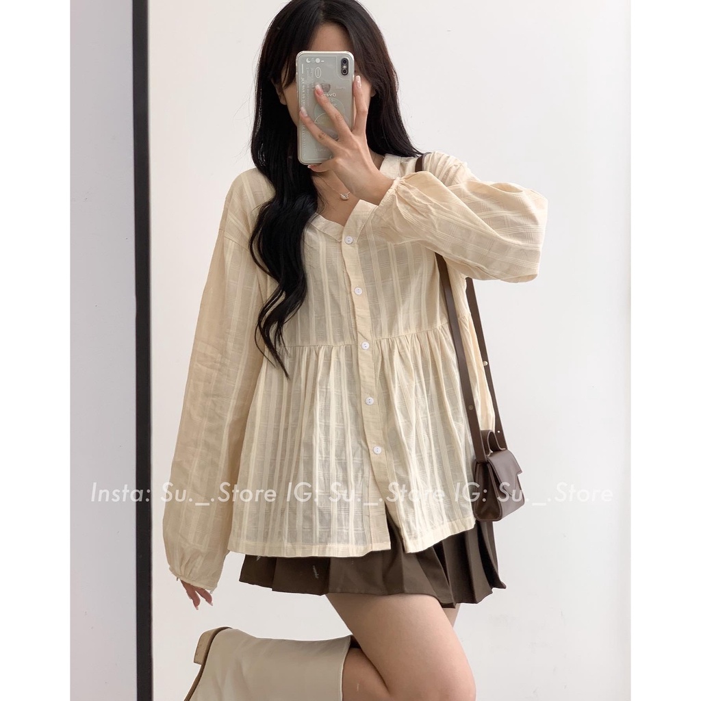 Áo babydoll dài tay cổ V kẻ nổi A2450 SUSTORE