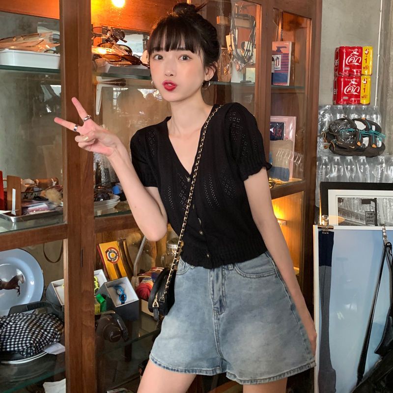 Áo Thun Dệt Kim Mỏng Cổ Chữ v Khoét Lỗ Phong Cách Retro Cho Nữ