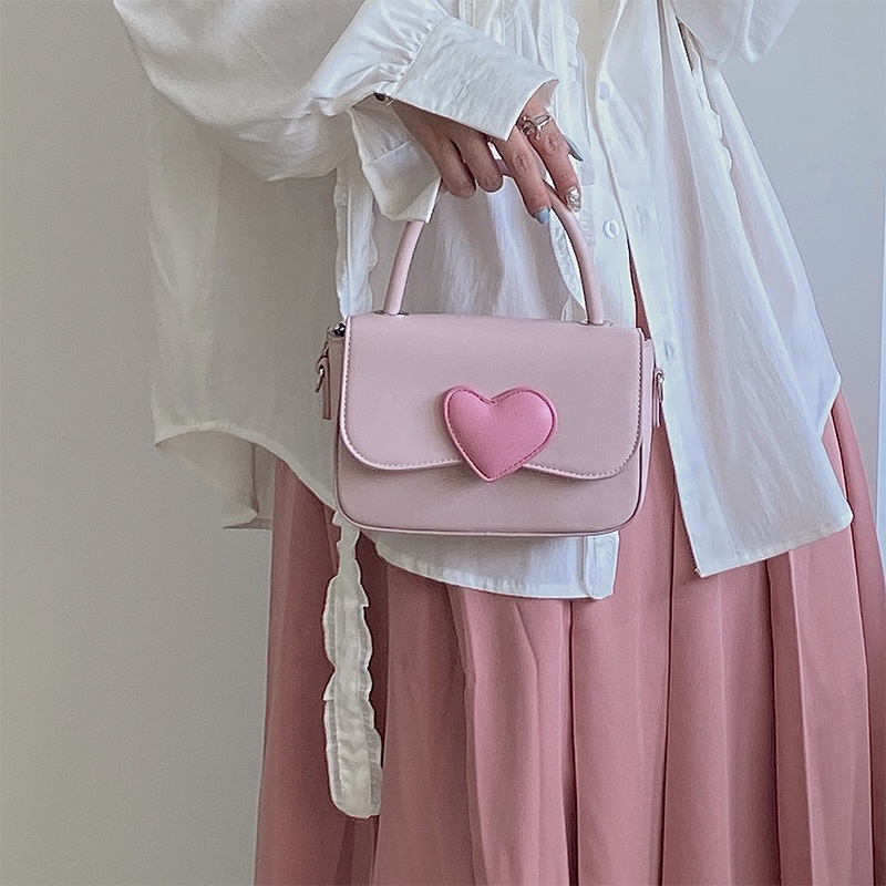 [CÓ SẴN] TÚI XÁCH NỮ MÀU HỒNG PASTEL ĐÍNH TRÁI TIM PHONG CÁCH HÀN QUỐC