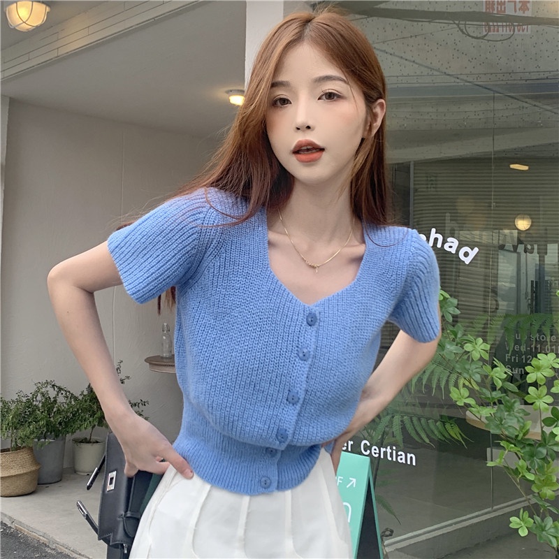 Xiaozhainv Áo sweater Dệt Kim Tay Ngắn Dáng Rộng Đơn Giản Thời Trang Mùa Hè Có 7 Màu