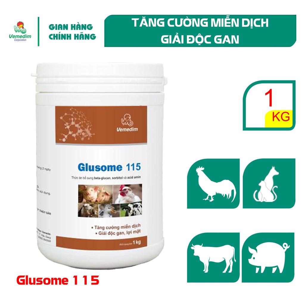 Vemedim Glusome 115 Tăng cường miễn dịch, giải độc gan cho gia súc, gia cầm, lon 1kg