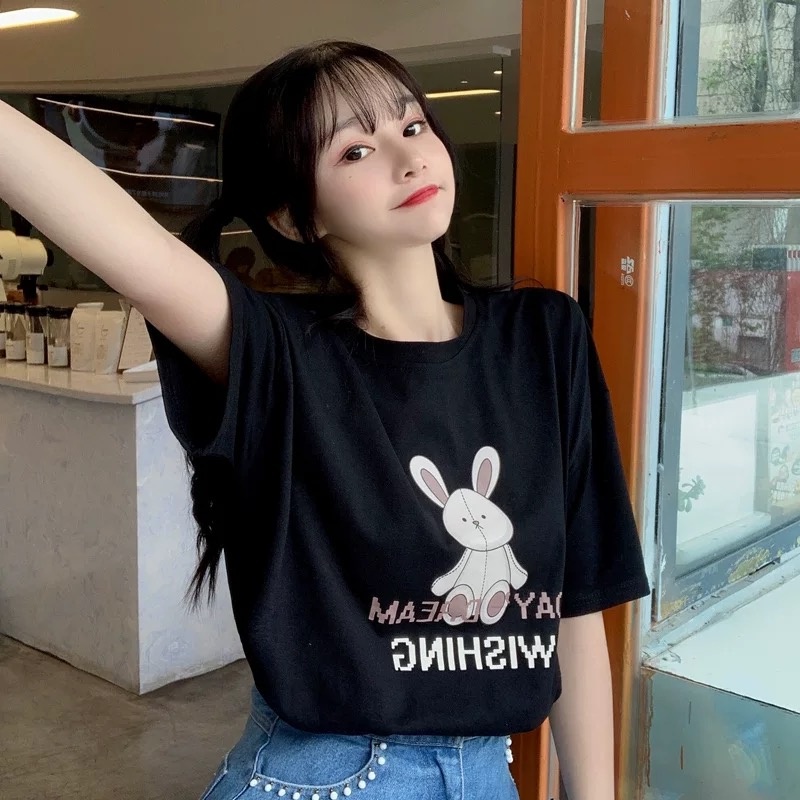 MS6612 Áo thun nữ in hình thỏ form rộng, áo thun cotton hè mát