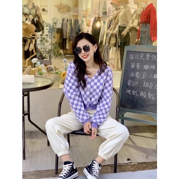 Áo ca rô lông tím dài tay CÚC TỊNH Y phong cách ulzzang SAM SAM BOUTIQUE