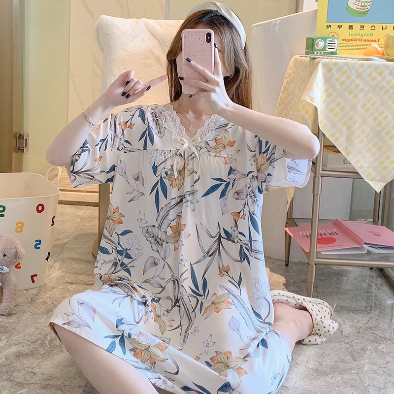 Váy lanh nữ cộc tay cổ ren, dáng suông dài mềm mát, nhiều họa tiết, freesize 45 - 70 kg