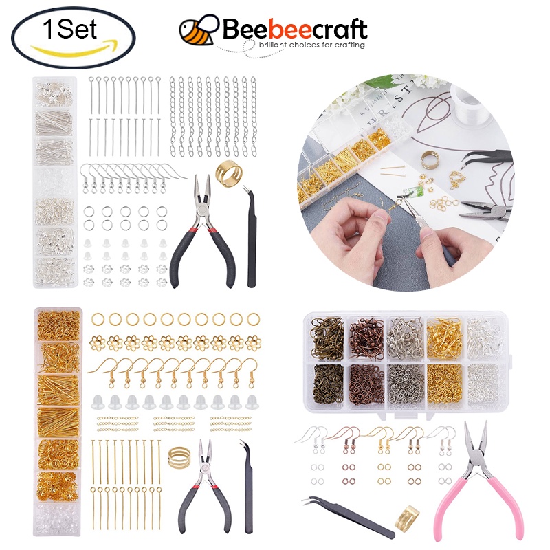 1 Bộ Dụng Cụ Làm Bông Tai Gồm Móc / Ghim / Nhẫn / Kẹp Mở Rộng Dạng Chuỗi Hạt Màu Vàng Kim Làm Trang Sức Thủ Công DIY