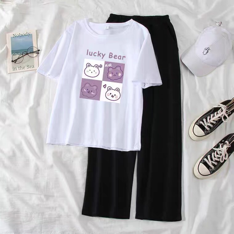 Sét áo Lucky Bear + quần suông đen, Áo thun from rộng, Chất đẹp không xù, quần suông ống rộng, Sét bộ mặc ở nhà - MODY