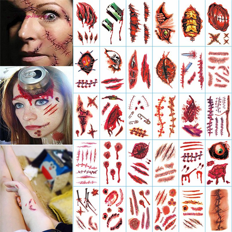 💥Sticker Dán Hình Xăm Giả Vết Thương Chống Nước Cho Halloween Troll Bạn Bè Máo Đao Búa Kéo Liềm Đỏ Dao Lam Vết 000339