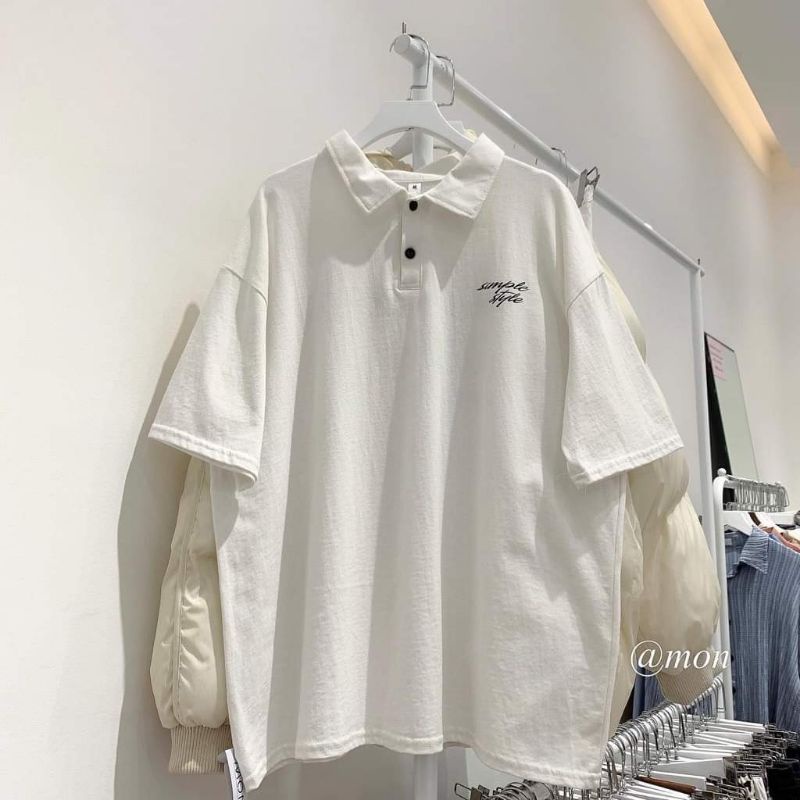 Áo Polo Cotton Unisex Form Rộng Nam Nữ In Chữ Simple