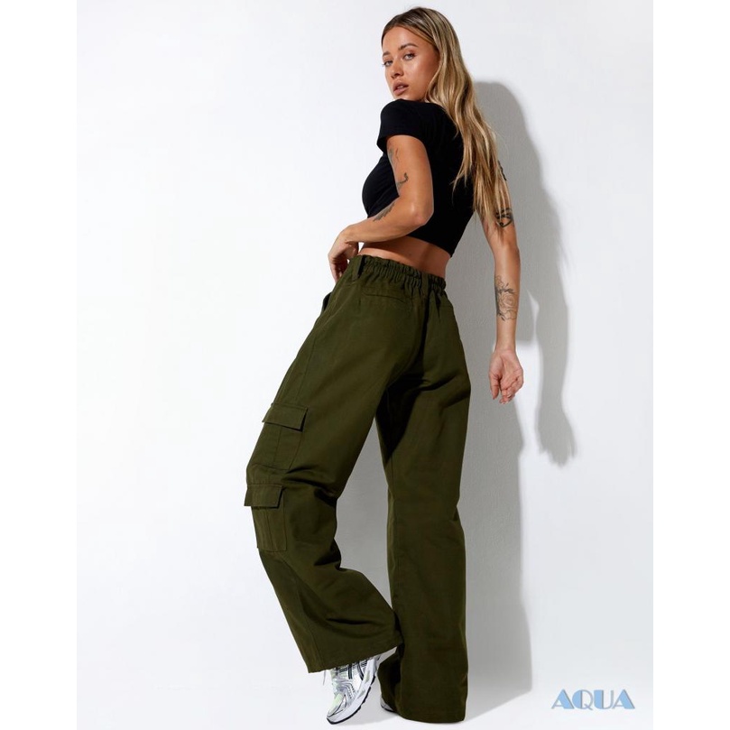 Anana Quần Baggy Dài Ống Đứng Màu Trơn Phối Nhiều Túi Thời Trang Đường Phố Cho Nữ