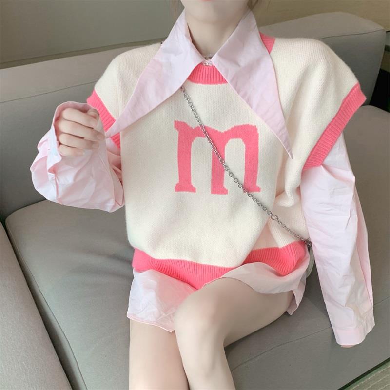 Set Áo Sơ Mi Tay Dài Dáng Rộng + Áo Len Không Tay Phong Cách Hàn Quốc Cho Nữ