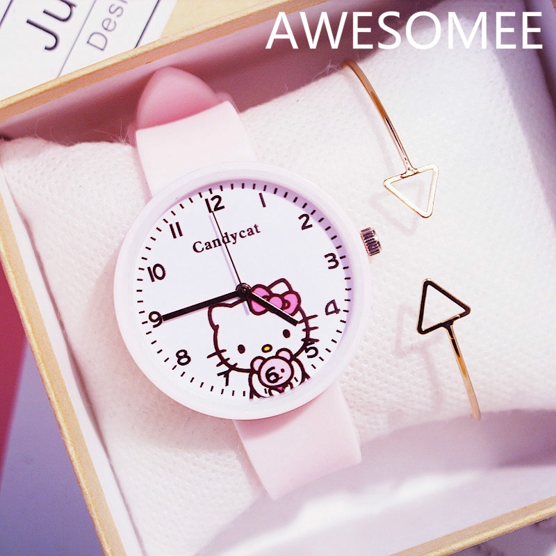 Đồng Hồ Đeo Tay Dây Silicon Hình Hello Kitty Dễ Thương Cho Bé Gái