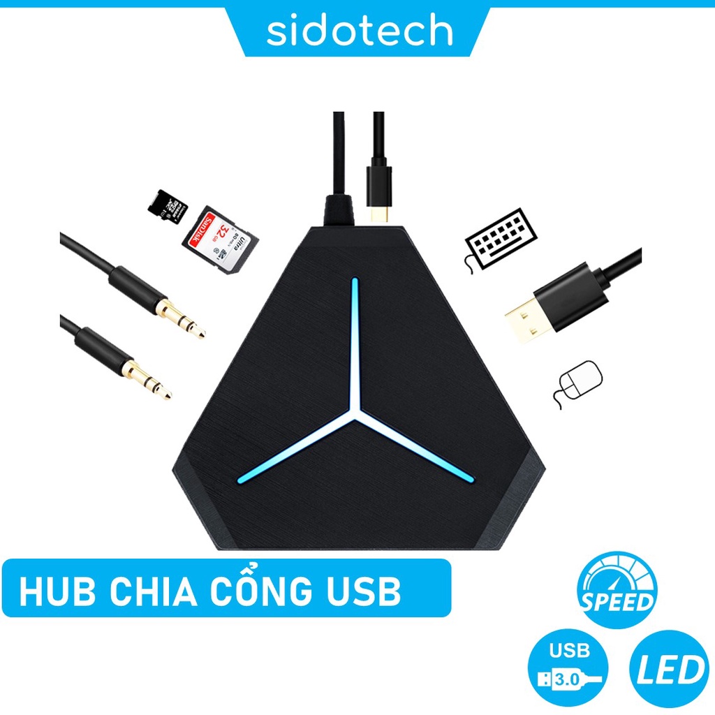 Bộ chia cổng HUB USB 3.0 SIDOTECH mở rộng kết nối đa năng 6 cổng USB tốc độ cao, cổng Audio, đầu đọc thẻ nhớ, đèn LED