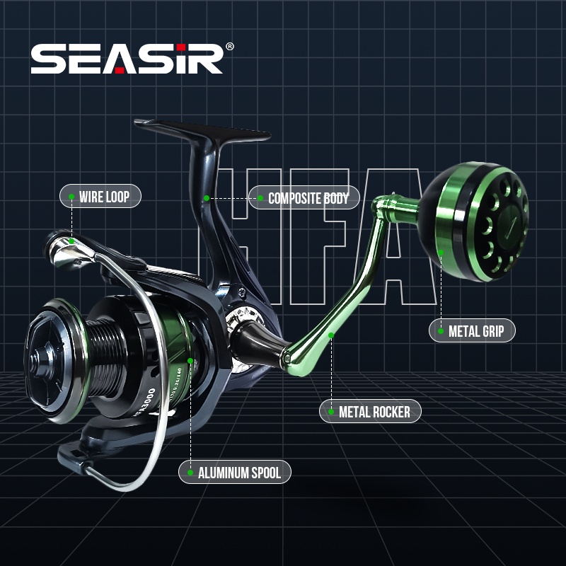 Seasir Máy Câu Đứng Tay Cầm Trợ Lực HFA Máy Câu Cá Nước Mặn Kim Loại Lực Kéo Tối Đa 13 + 1BB Tỷ Số Truyền Động 5.2:1 Tỷ Lệ Truyền Động 10-15Kg