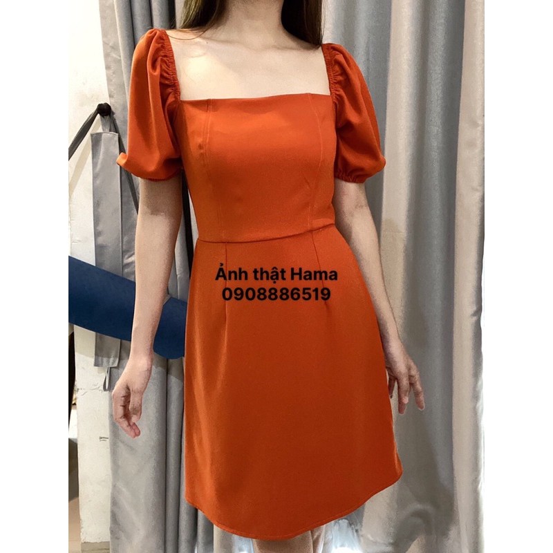 ẢNH THẬT- Đầm cổ vuông tay bồng CAM -ĐEN tay bồng nhiều màu