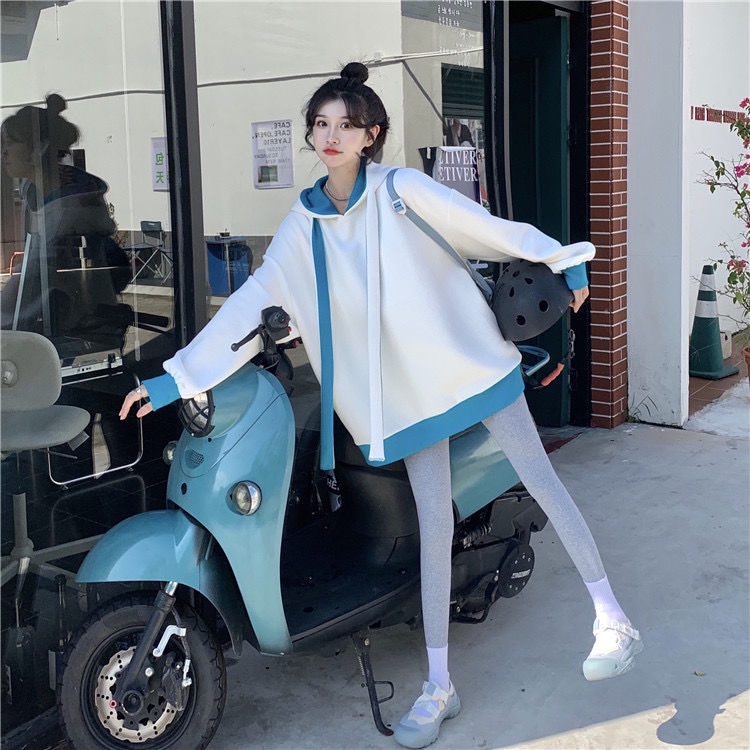 Áo hoodie tay dài dáng rộng màu sắc tương phản dành cho nữ
