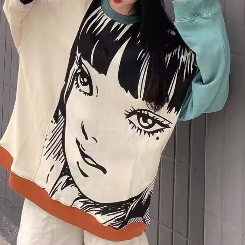 ♞AFF LIGA♞ Áo Sweater Cổ Tròn Tay Dài Dáng Rộng In Họa Tiết Hoạt Hình Màu Tương Phản Thời Trang Mùa Thu Cho Nam Và Nữ